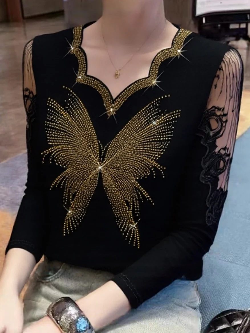 Faionable طويل Sve الدانتيل الحفر السيدات قاعدة irt التخسيس شخصية صغيرة أعلى المرأة T irt تخفيف Sle النسخة الكورية #5