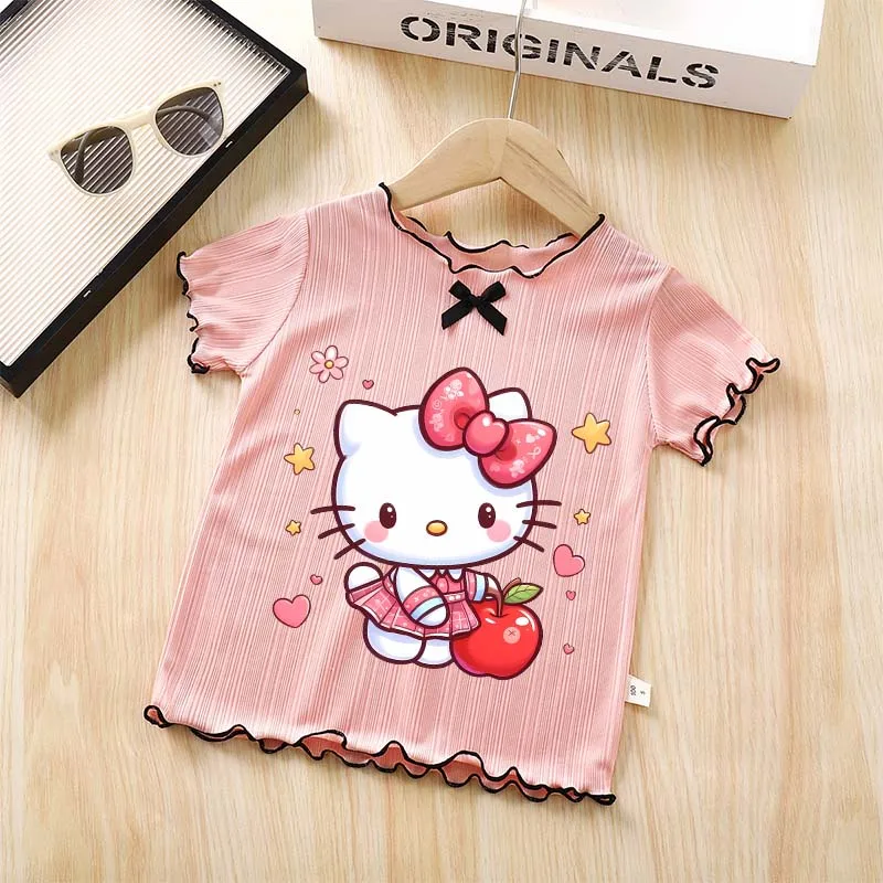 

Kawaii Hello Kitty Ice Silk T-shirt Children Clothing Sanrio Cartoon Anime Short Sleeve Girl Sweet Fashion Home Clothes Top Tee
