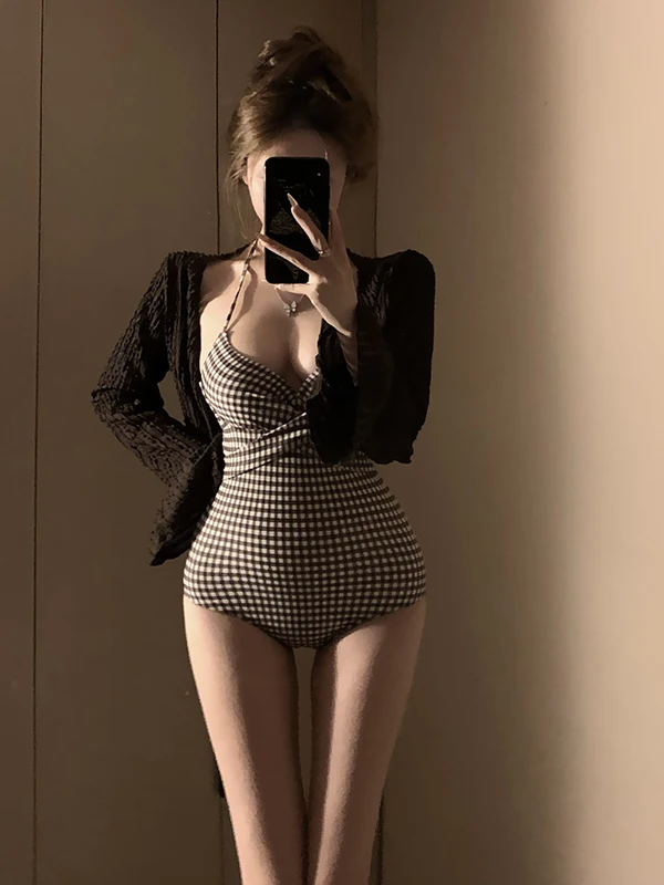 

Sexy Plaid One-Piece Swimsuit Women's Steel Support Gathered High-End Feeling Rope Hanging Ne Island Vaion Hot Spring