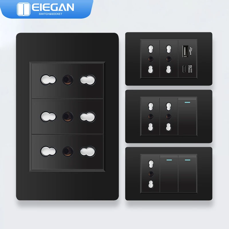 ELEGAN Black Retardant PC Panel Italy Standard Type-C EU Outlet Plug Wall Socket Light Switch EU 1/2/3/4/5/6Gang Switch Home