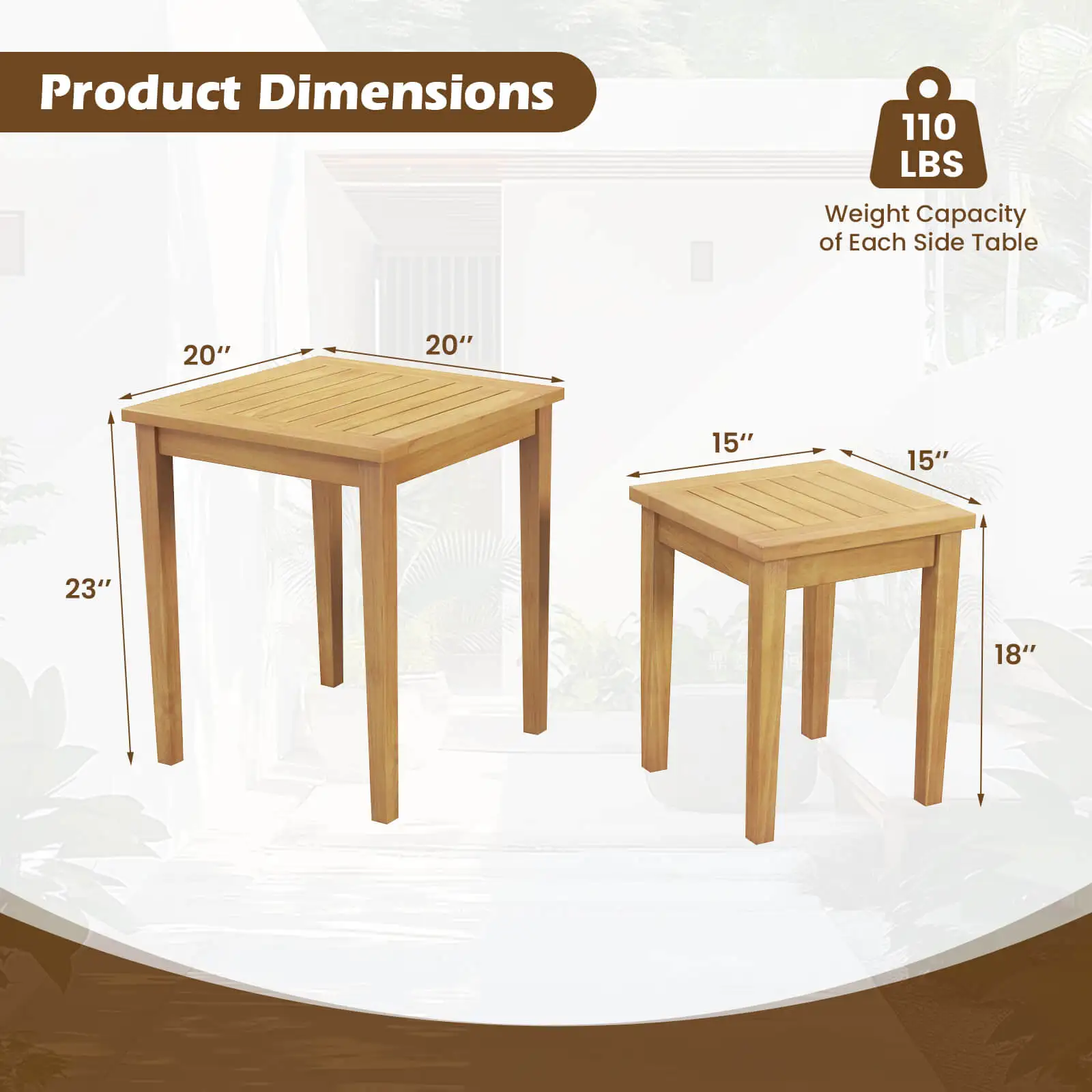 2 PCS Patio Nesting Table Teak Wood Outdoor Space Saving Design Square End Table