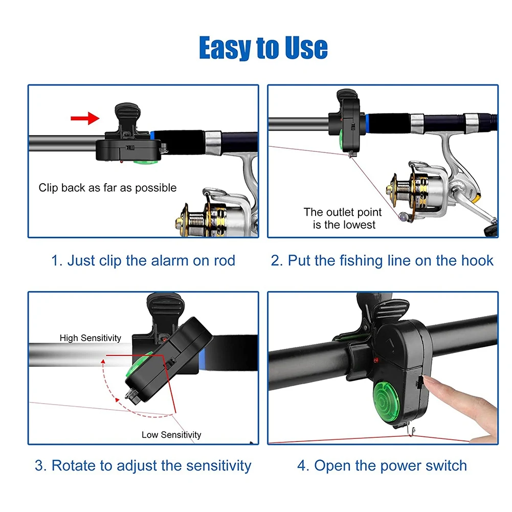 Alarm gigitan memancing, Alarm Alarm memancing elektronik sensitif, bel peringatan suara dengan lampu LED 4 buah