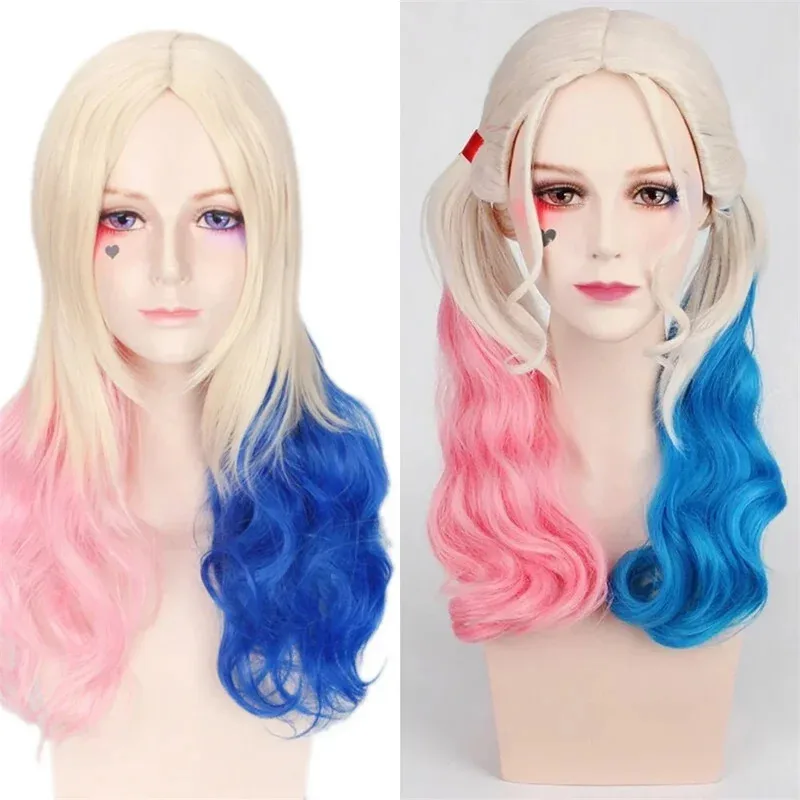 ジョーカーガールコスプレウィッグ　オンブレ　ダブルポニーテール　ボディウェーブ　合成ショートカーリーウィッグ　クールガール　コミコン　コスプレウィッグ　デイリーパーティー