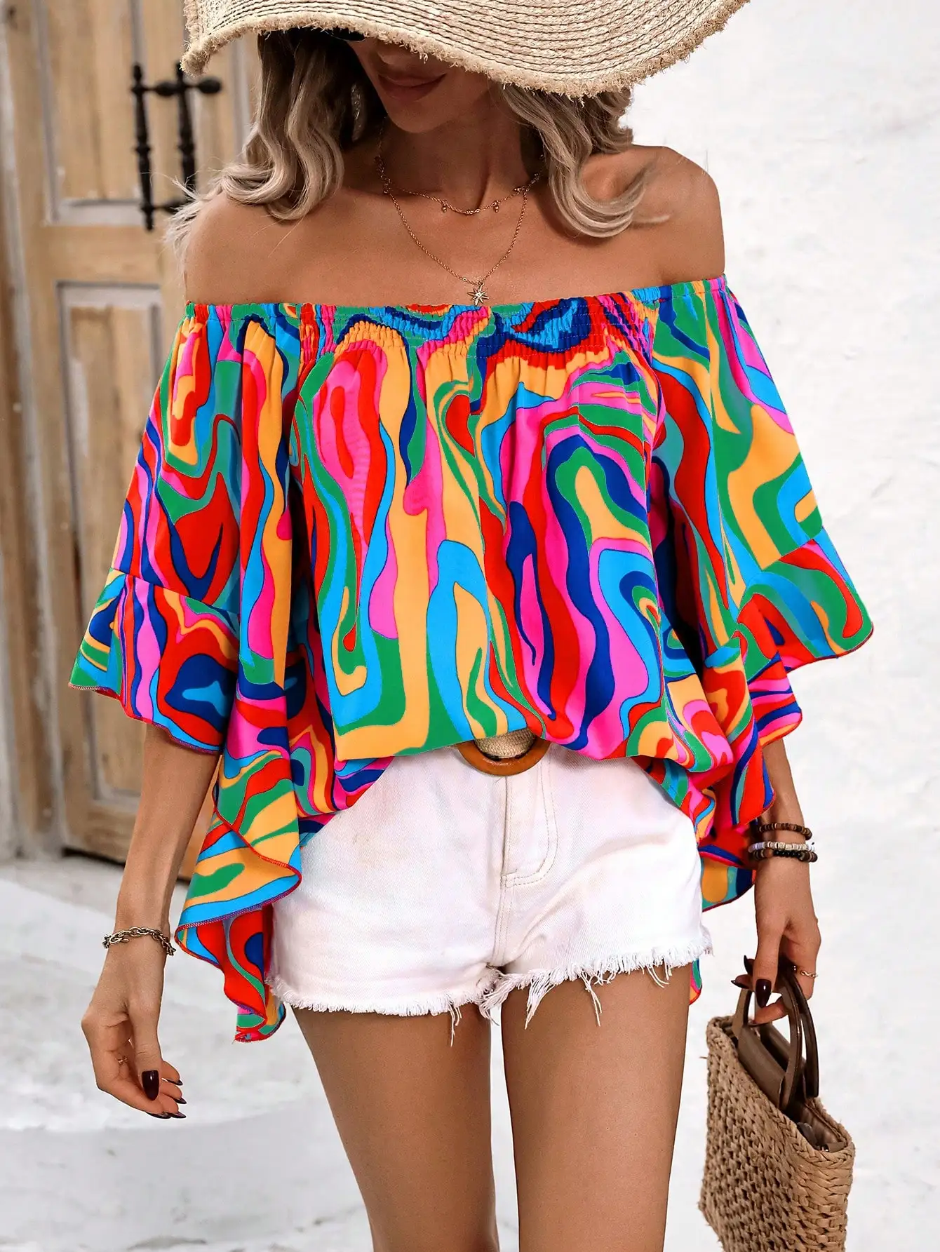 

Off Shoulder Ruffle Top with Psychedelic Swirl Print, Loose Fit Summer Blouse