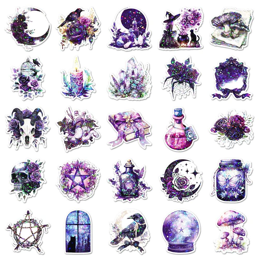 

10/30/50pcs Cool Cartoon Gothic Laser Magic Witch Graffiti Stickers DIY Laptop Phone Travel Luggage Waterproof Sticker Kids Toys