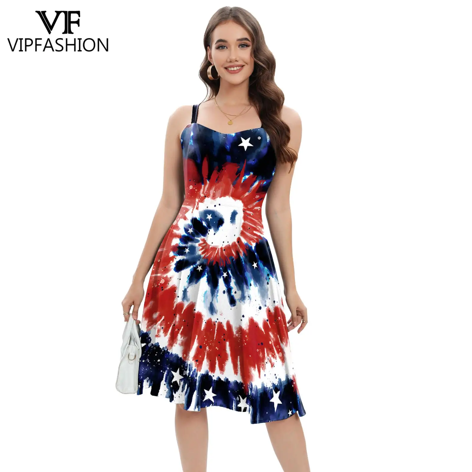 

VIP FASHION 4th of July Dress for Women Sleeveless Strap Dresses Tie Dye Printed Tie Dye Holiday Party Dress Cosplay Outfit