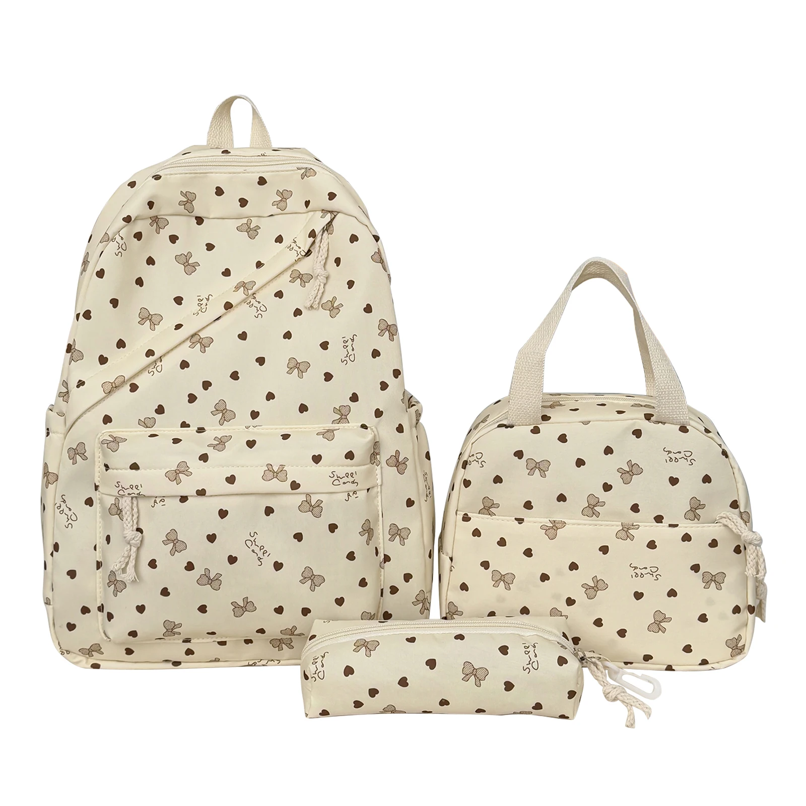 3Pcs Nylon Bow Print Backpack Large Capacity Travel Bag Sets Travel Daypack Bag for Teens Women Women College Outdoor