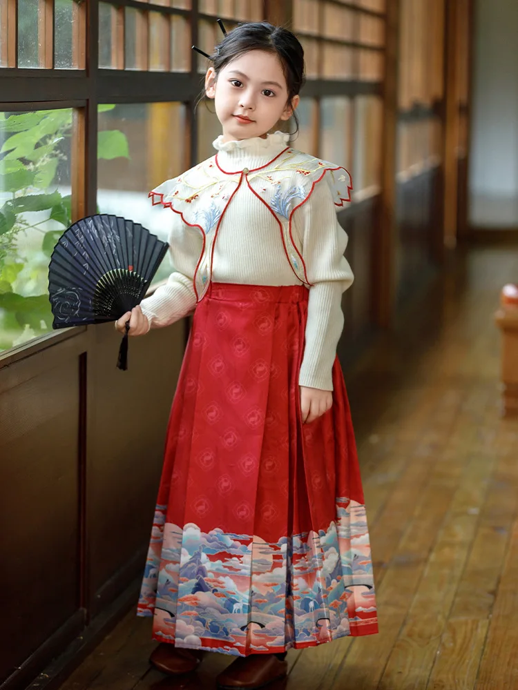 Girls' Sweater, Horse Face Skirt, Hanfu Suit, Children's Autumn Style, China-chic Daily Ancient Tang Dress,cotton Three-piece