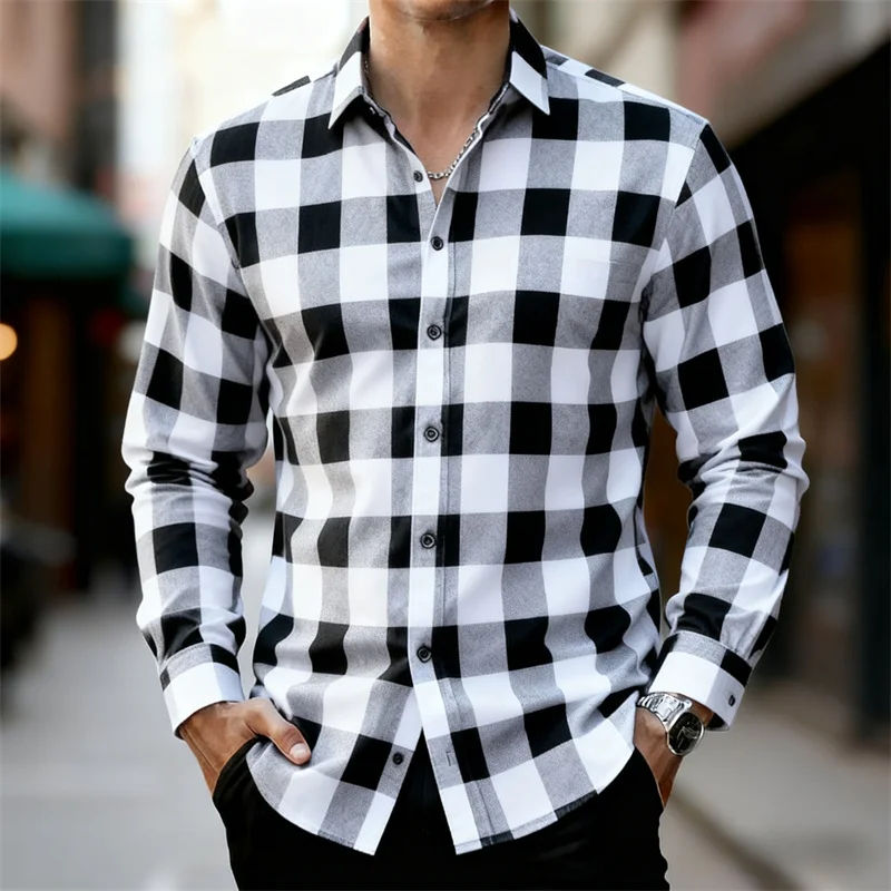 قميص رجالي كلاسيكي منقوش باللونين الأحمر والأسود بأكمام طويلة، متوفر بألوان متعددة، قميص كاجوال كاجوال للخروج في الهواء الطلق #3