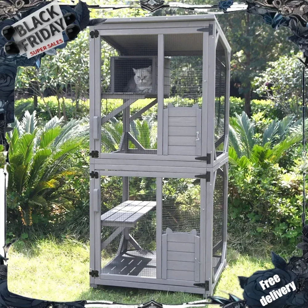 Cat Catio Outdoor Cat House Wooden Large Enclosure with Run on Wheels 70.9