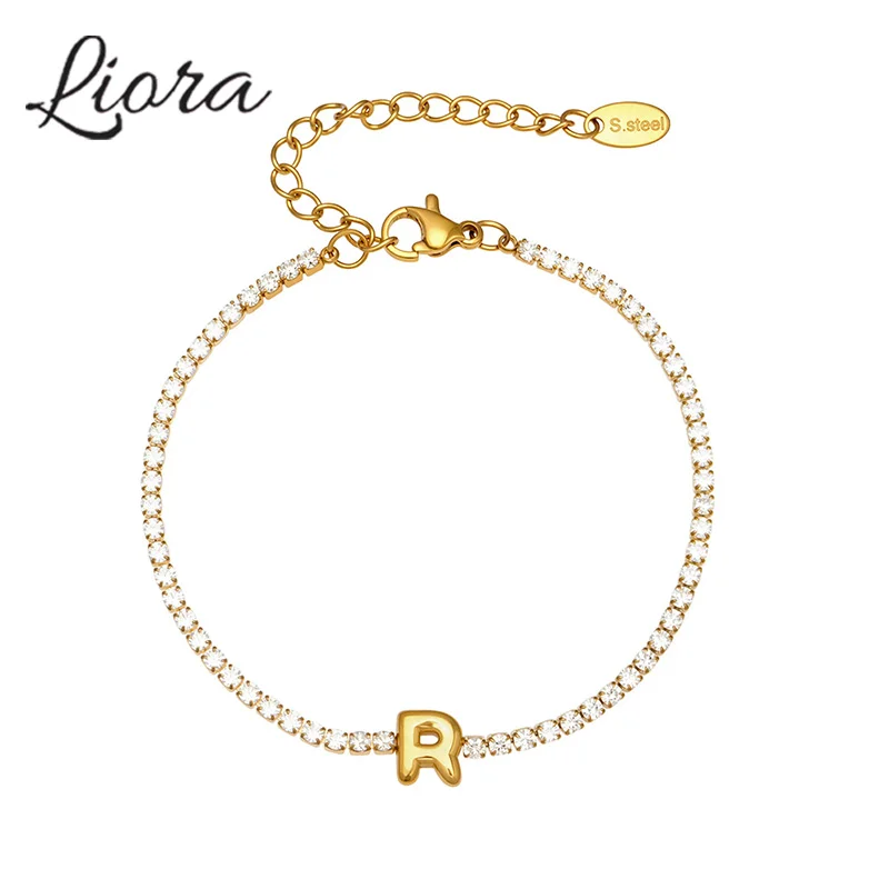 Liora Full Cubic Zirconia Chain Tennis Bracelets for Women Stainless Steel Capital Letter Charm Pulsera Wedding Bridal Jewelry