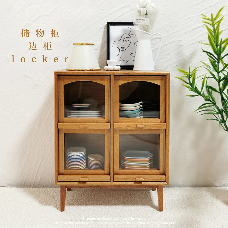 

1:12 Wooden Furniture Retro Wabi-Sabi Style 4-compartment Storage Cabinet Model Doll House Accessories Mini Storage Cabinet Toys