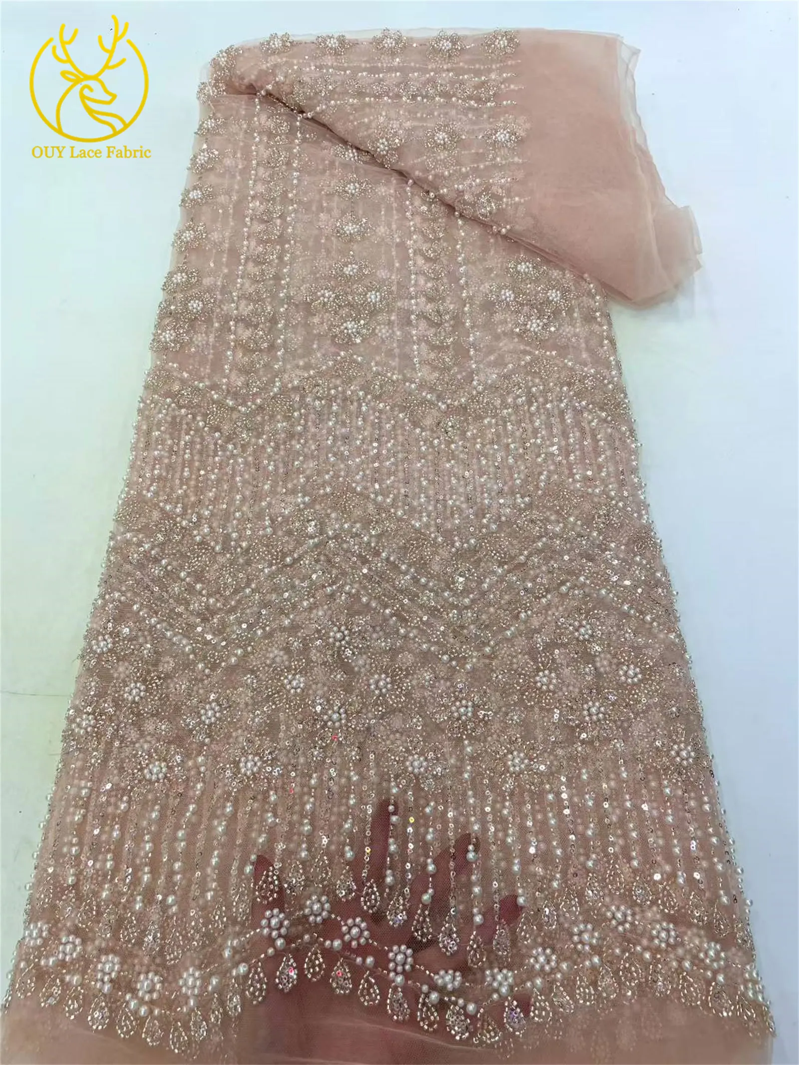 高級フレンチメッシュビーズレース生地 2025 高品質スパンコール刺繍チュールアフリカ生地女性のパーティードレス縫製