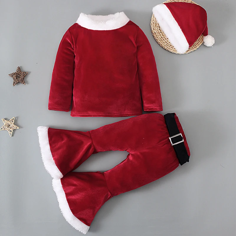 3 Stück Herbst Winter Kinder Mädchen Kleidung Kleinkind Weihnachten Outfit Cord Warme Rote Baby Tops + Schlaghosen + Hut kinder Sets BC271