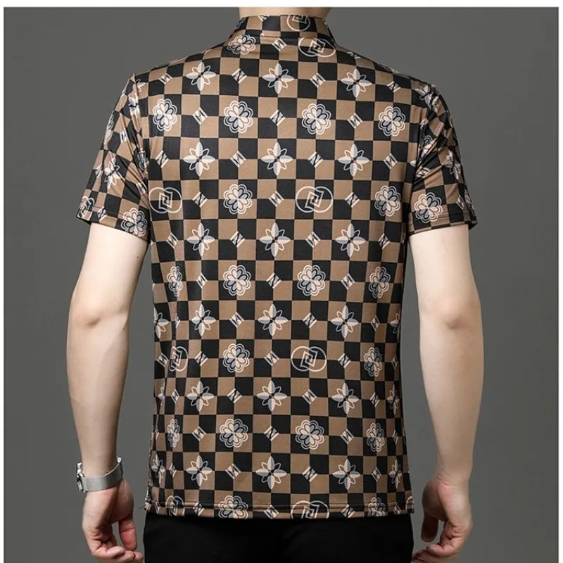 Men\'s Summer Plaid Solid Color Turn-down Collar Geometric Printing Short Sleeve Contrast Color Casual T-shirt Clothing Tops