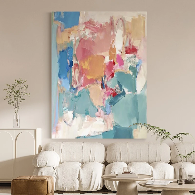 Hand Painted Abstract Oil Painting Modern Colorful Canvas Painting Home Wall Decor Acrylic Textured Art  Blue Pink Knife Artwork