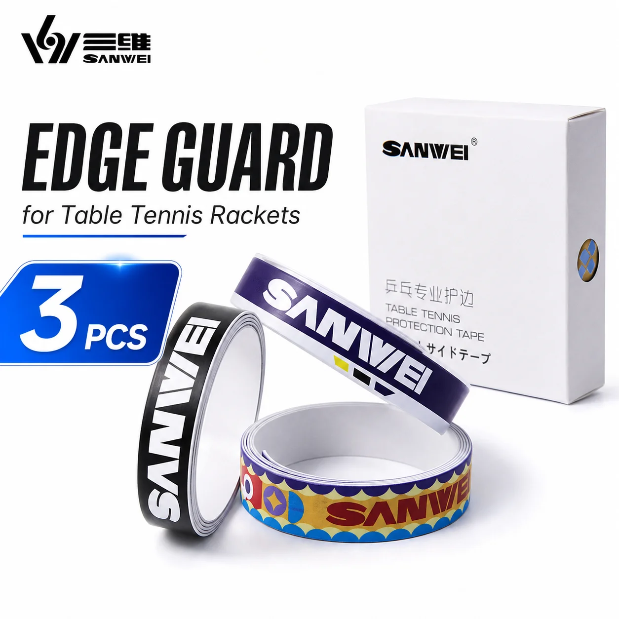 Table Tennis Grip Tape - 오리지널 SANWEI 3개입 탁구 라켓 엣지