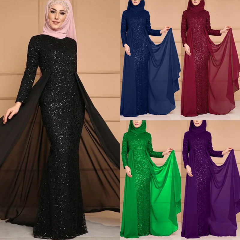 Vestido largo ajustado de manga larga con lentejuelas para mujer, ropa femenina de talla grande, Abayas de Arabia Saudita, S-5XL, novedad de 2022