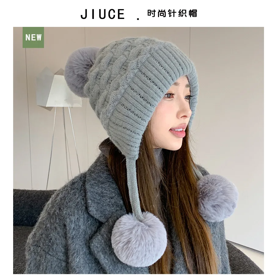 Women's Lazy Style Thick Double-Layer Rabbit Fur Hat Winter Cold-Proof Three-Pile Ear Protection Velvet Face Cover Knitted Cap