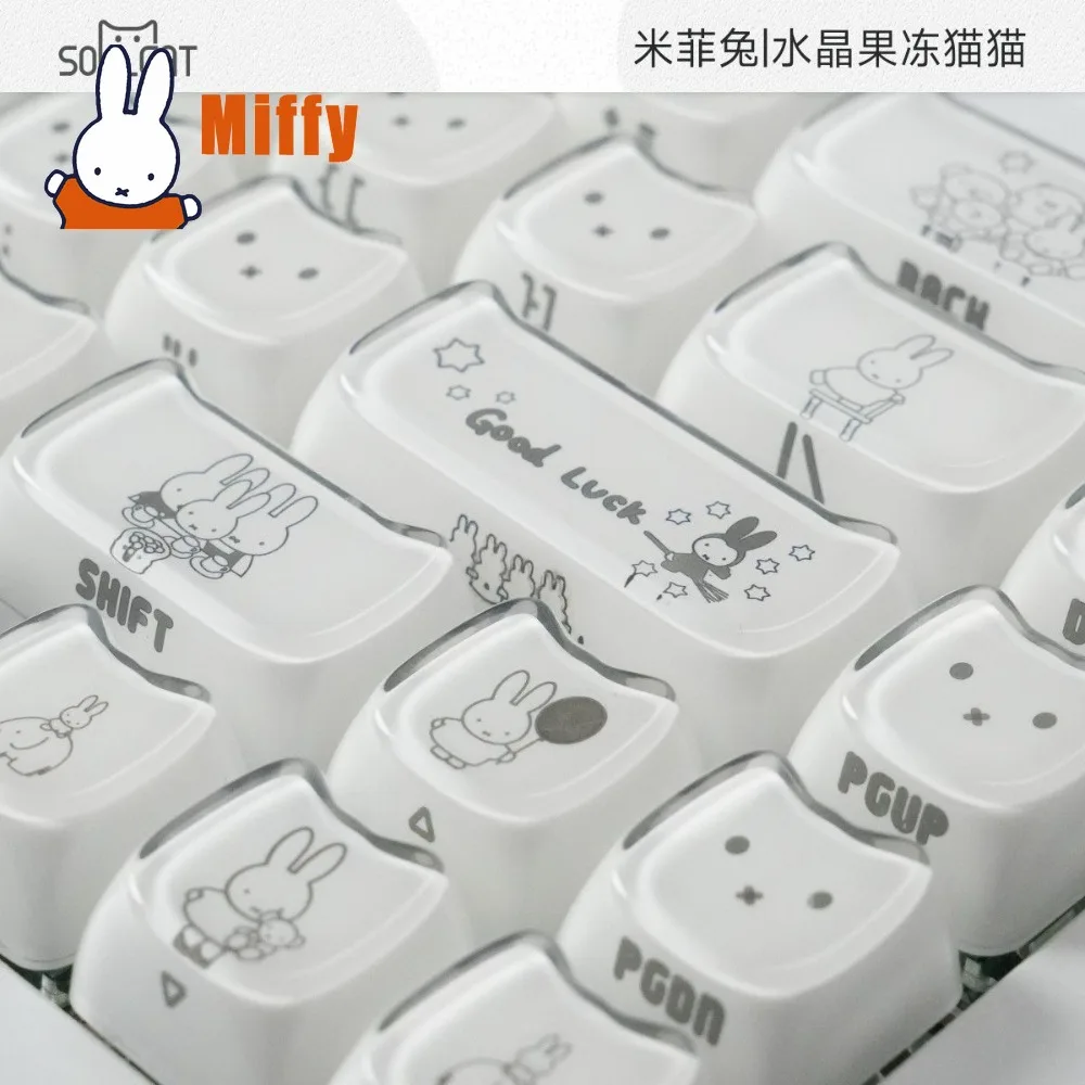 Kawaii Miffy Keycaps Cute Rabbit Mechanical Keyboard Caps Crystal Jelly Cat Ear Side Printed Desktop PC Gaming Decor Gift