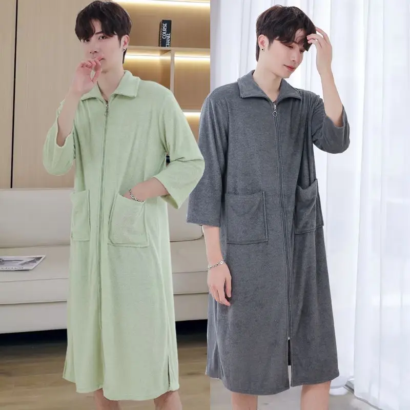 Men'S Zip Front Terry Cloth Bathrobe 3/4 Sleeve Collared Soft Absorbent Loungewear With Pockets For Home Spa Shower Travel Daily