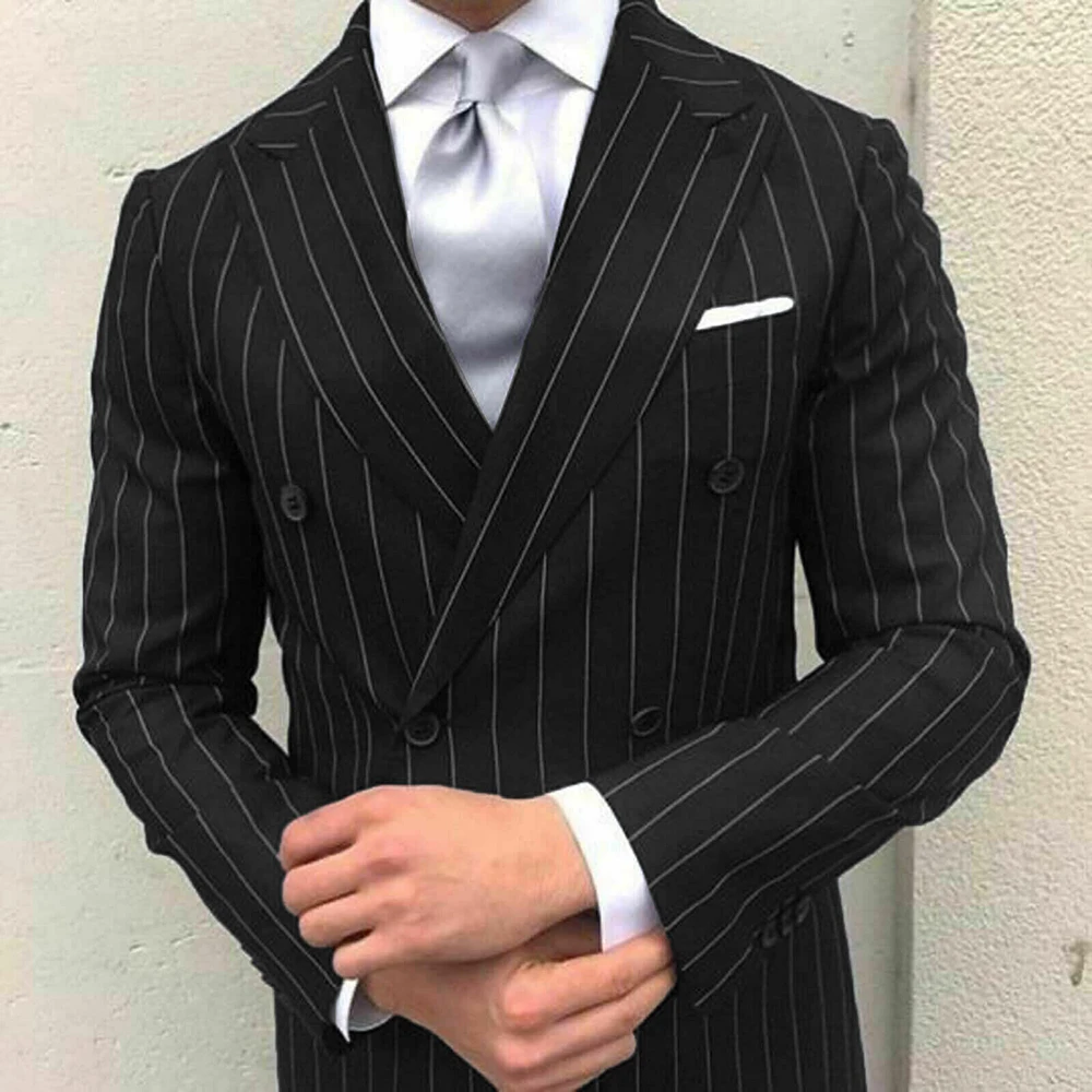 Fashion Vertical Stripes Male Blazer Peak Lapel Double Breasted Men\'s Jacket 1 Piece Business Casual Wedding Tuxedo Chic Blazer