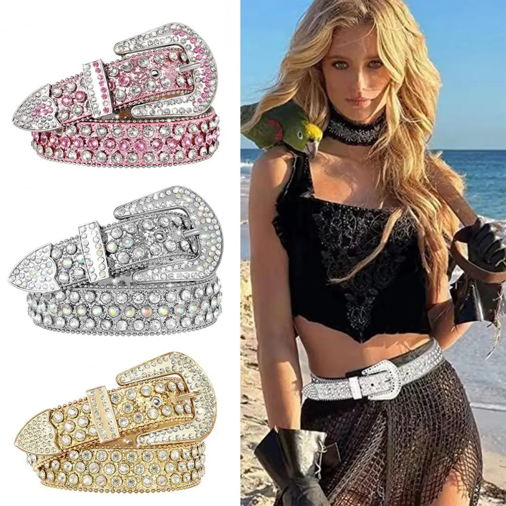 

1pc Women Faux Leather Belt Rivet Rhinestones Punk Style Belt Adjustable Length Multi Holes Pin Buckle Hip Hop Style Belt