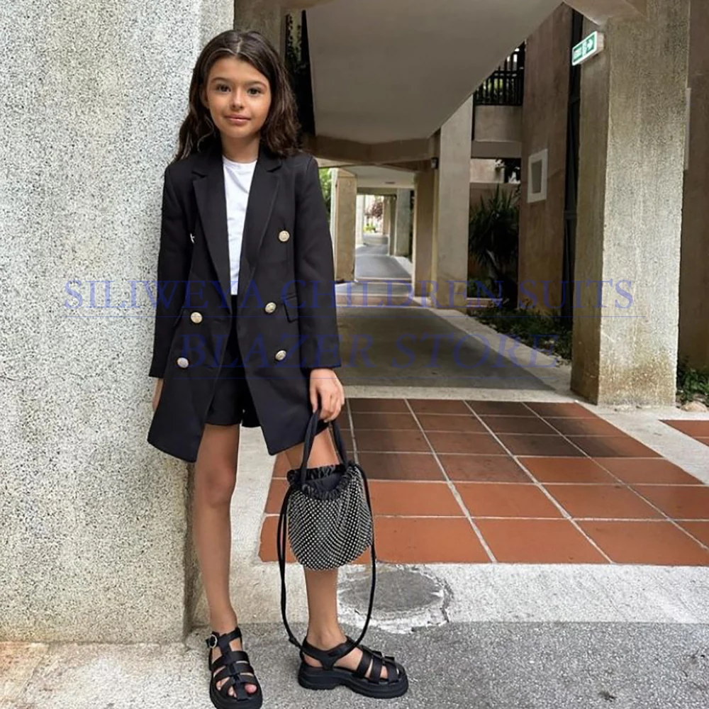 

Black Girls Suits Double Breasted Notch Lapel Outfits Fashion Long Sleeve 2 Piece Jacket Pants Children School Uniform Sets