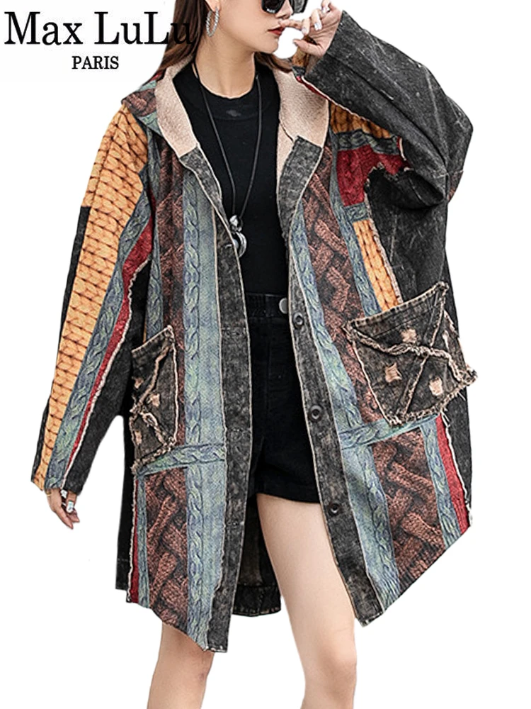 Max LuLu 2023 Fall Fashion Streetwear Womens Printed Loose Hooded Knitted Denim Trench Ladies Casual Luxury Oversized Long Coats