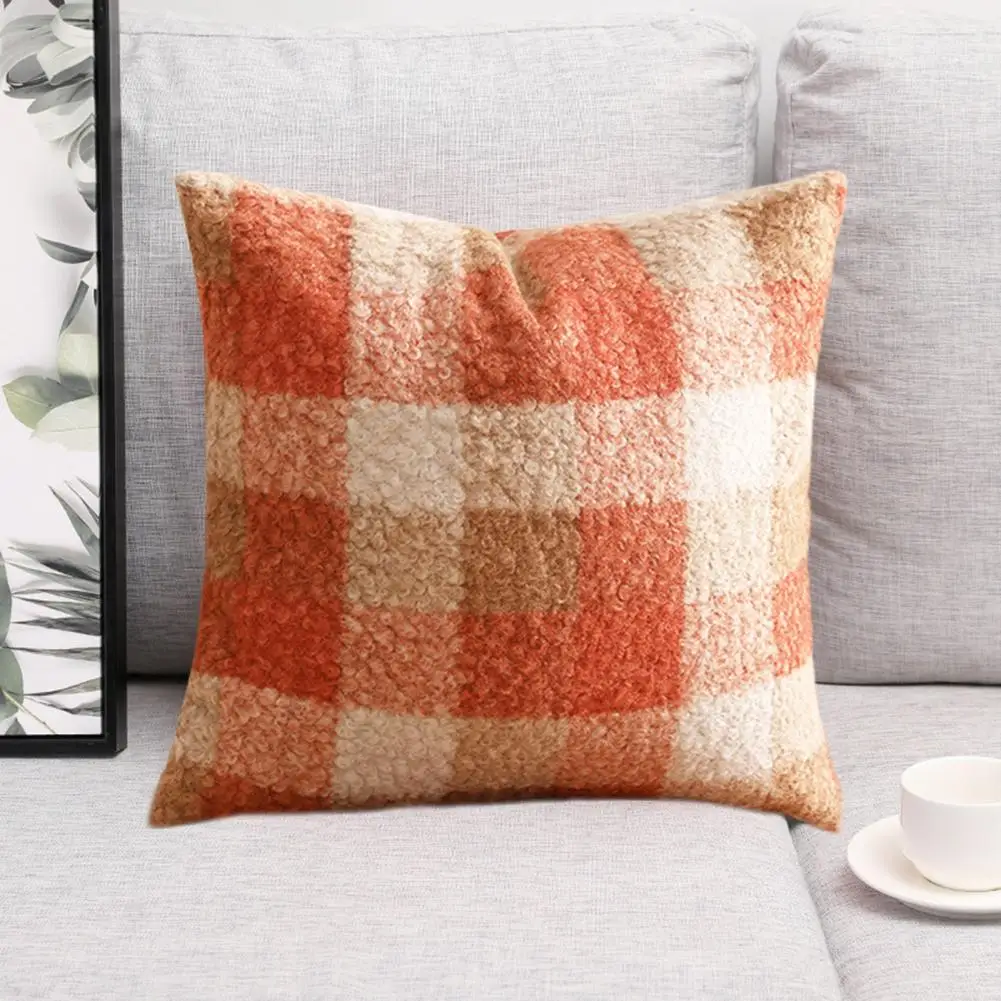 Fall Decor Pillowcase Furry Plaid Pillowcase Cozy Gradient Faux Wool Pillowcase with Hidden Zipper Nordic Style Plush for Home