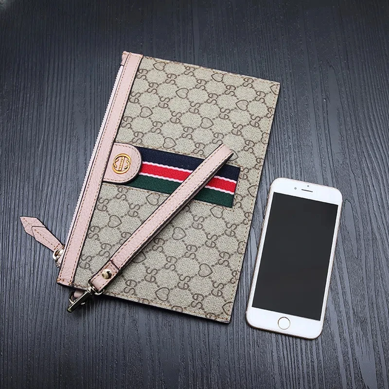 Women Fashion Clutch Wallets PVC + Genuine Cow Leather Strip Letter Cellphone Holder Envelop Money Clip With Zipper Handbag