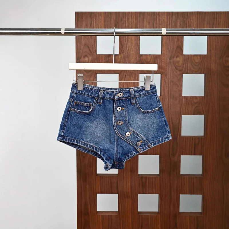 

Spring And Autumn New Niche Blue High-Waisted Buttoned Shorts Versatile Casual Hot Pants Women