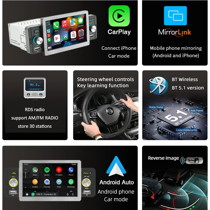 Wireless CarPlay Car Radio, Bluetooth MP5 Player, Android Auto, Handsfree, USB, RDS FM, 5\