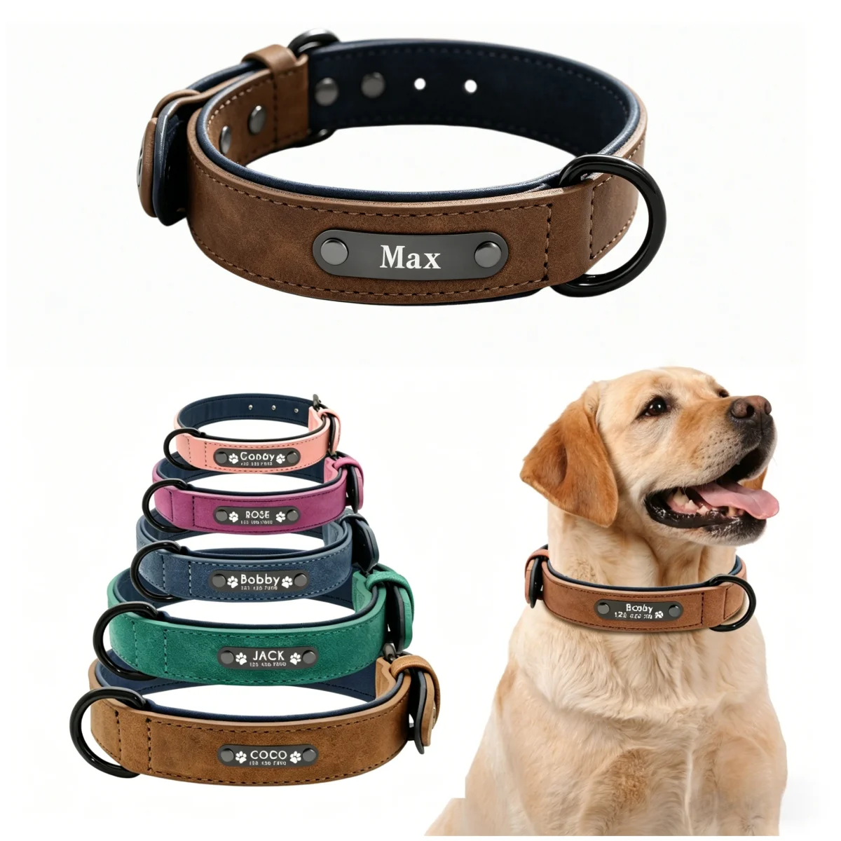 Collares para perros con etiquetas de identificación personalizadas, collar de cuero con texto personalizado para perros pequeños, medianos y grandes, Pitbull, Bulldog, Beagle