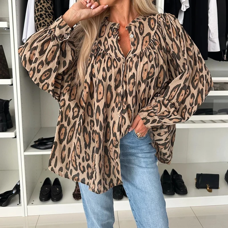 Elegant Single Breasted Long Sleeved Blouse Women Casual Loose Commuter Office Tops Autumn Fashion Leopard Printed Shirts Tops