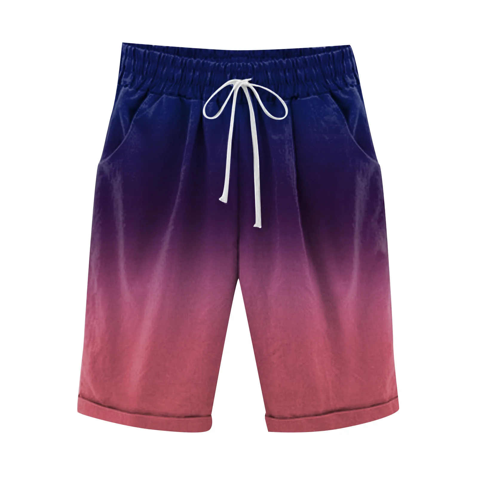 Calção estampado gradiente feminino, cintura alta, tamanho grande, solto, cordão, elástico na cintura, praia, casual, calça de cinco pontos, verão