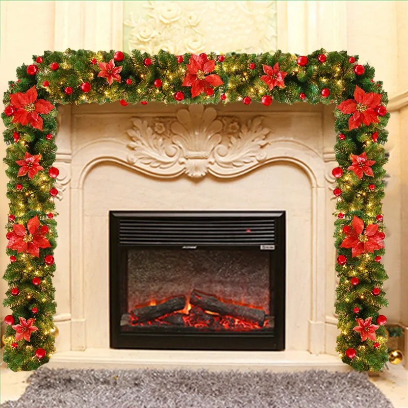 Christmas Garland 2.7M/8.8ft LED Christmas Rattan Artificial Flower Vine Plants Indoor Outdoor Garden Gate Stair Home Decoration