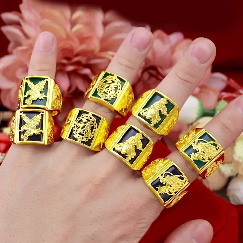 

9999 Real Gold 24K Treasure Micro Business Taobao Eagle Male Ring Guan Gong Emerald Dragon Ring