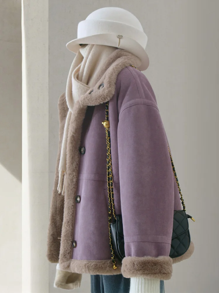 

Women's Purple Faux Suede Shearling Coat Double-Sided Fleece Warm Winter Jacket Loose Fit Lapel Buttons Outerwear Trendy Style