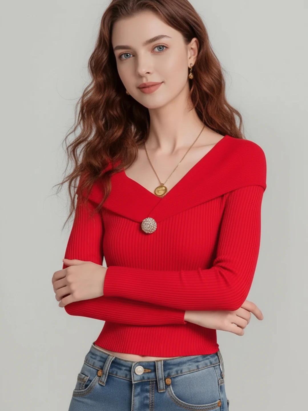 

2025 Fashion Women Long Sleeve V-neck Elegant Sweater Fall Casual Solod Color Slim Fit Knitwear Pullover Knitted Top