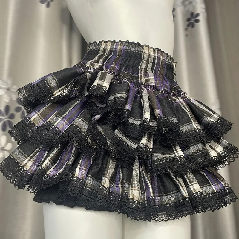Black Purple Plaid Mini Skirt Women Summer Y2K Subculture Gothic Lolita Cake Skirts Streetwear Lace Patchwork Retro Kawaii Skirt