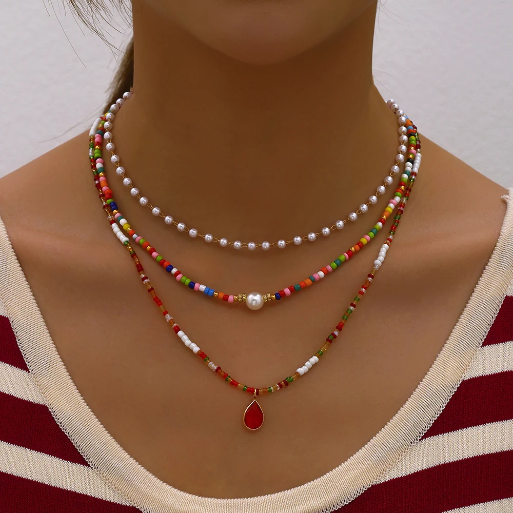 Bohemian Handmade Multilayer Beads Pearl Chain Fashion Necklaces Red Crystal Pendant Jewelry For Women Accessories N0386