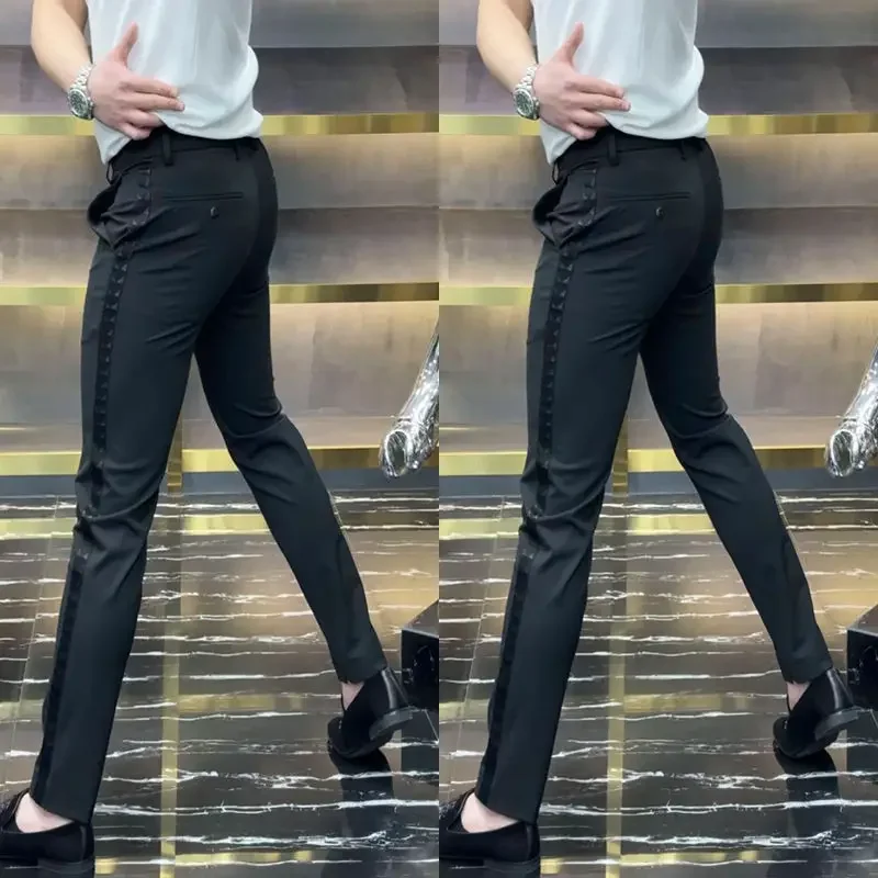 ผู้ชายด้านข้างลายธุรกิจชุดกางเกงดินสอStreetwearแฟชั่นชายเสื้อผ้าElastic Slim CasualตรงกางเกงXT946