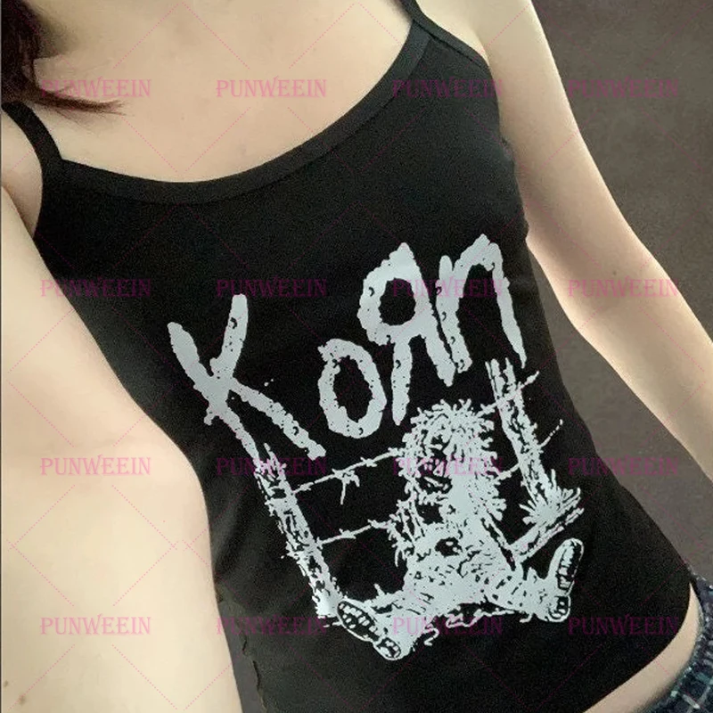 Vintage Harajuku Punk letter Graphic Y2k Aesthetics Sleeveless Tank Top KORN Goth Grunge Crop Tops Rock Print Baby Tank Emo girl