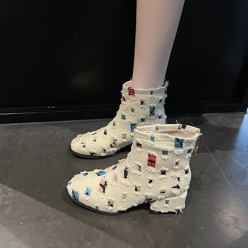2026 Autumn and Winter New Heightened Rear Zipper Fashion Rags Booties Women's Non-slip Fashion Round Toe Block Heel Shoes view 4