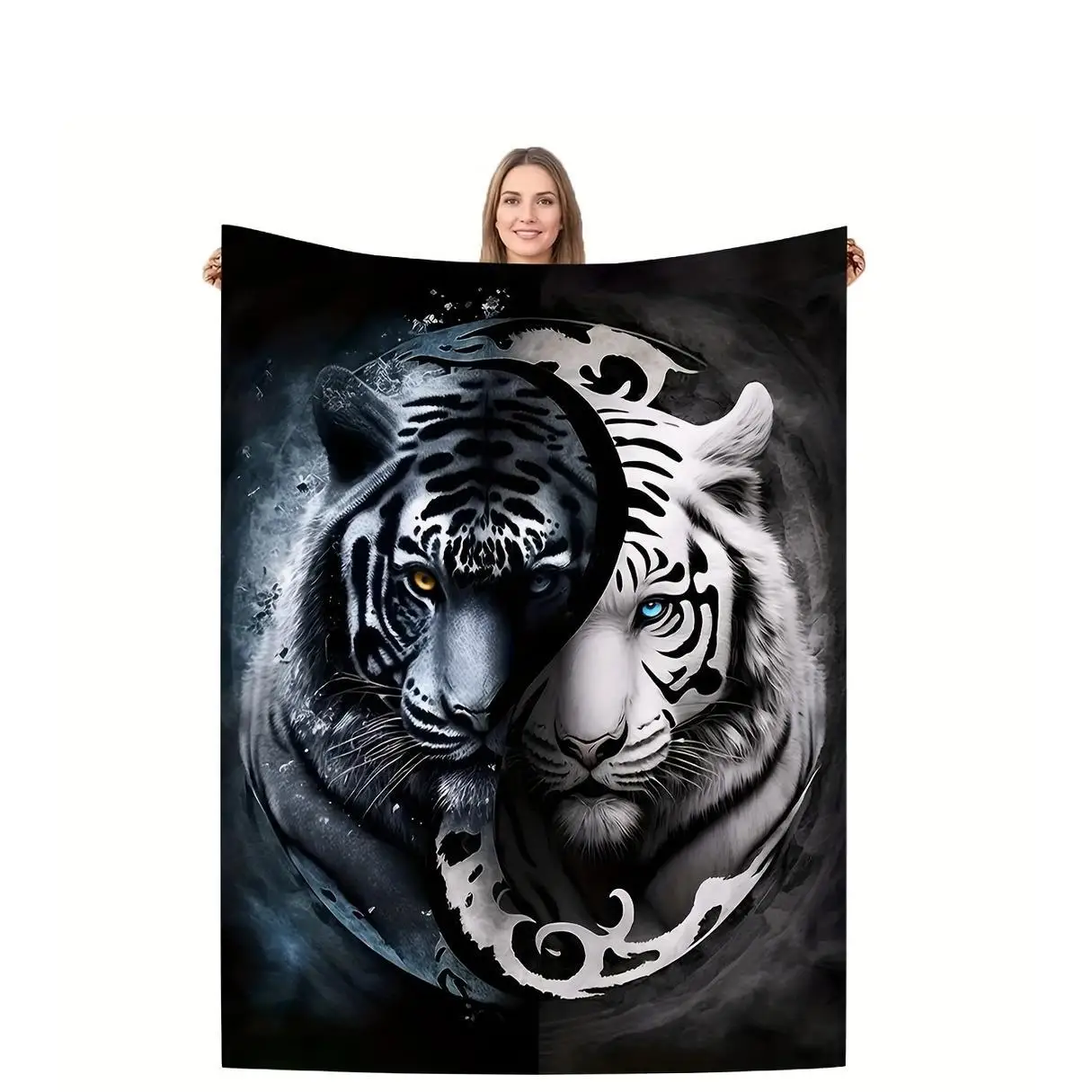 Yin-Yang Tiger Pattern Flannel printed blanket suitable for all seasons suitable living room office sofa and travel 180x250CM
