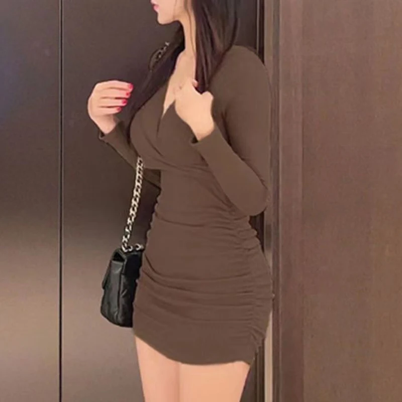 2025 New Spring Female Vintage Casual Slimming Dress Lady Fashion Solid V-neck Dress Girls Chic Party Wrap Hip Ruched Dress