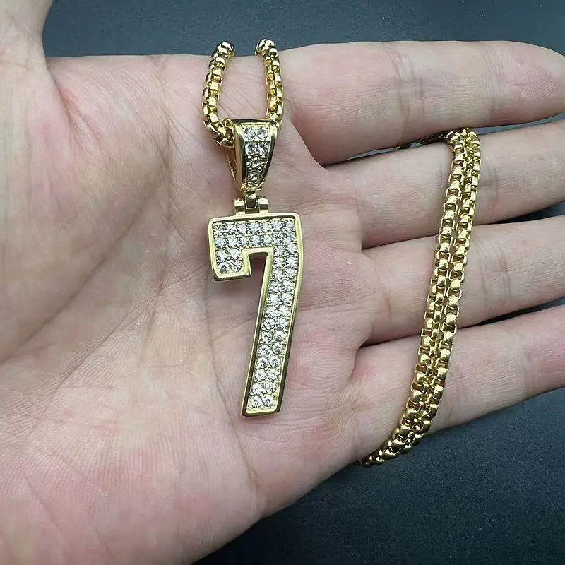 Stainless Steel Titanium Hip Hop Number 7 Bling Iced Out Pendant Collar Chain Necklace for Men Women Couple Gift Fashion Jewelry