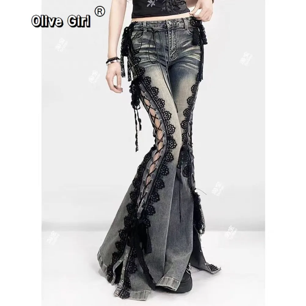 

Women Denim Jeans Academia Goblin Core Harajuku Y2K Low Rise Lace Jean Abi Denim Flare Bell-Bottom Y2k Japanese Goth Gyaru Kpop