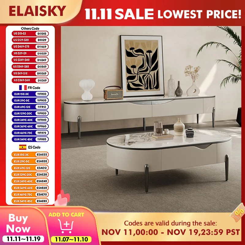 

Luxury Living Room Coffee Table TV Stand Set with Stainless Steel Legs Modern Center Tables with Double Drawers Elegant TV Stand